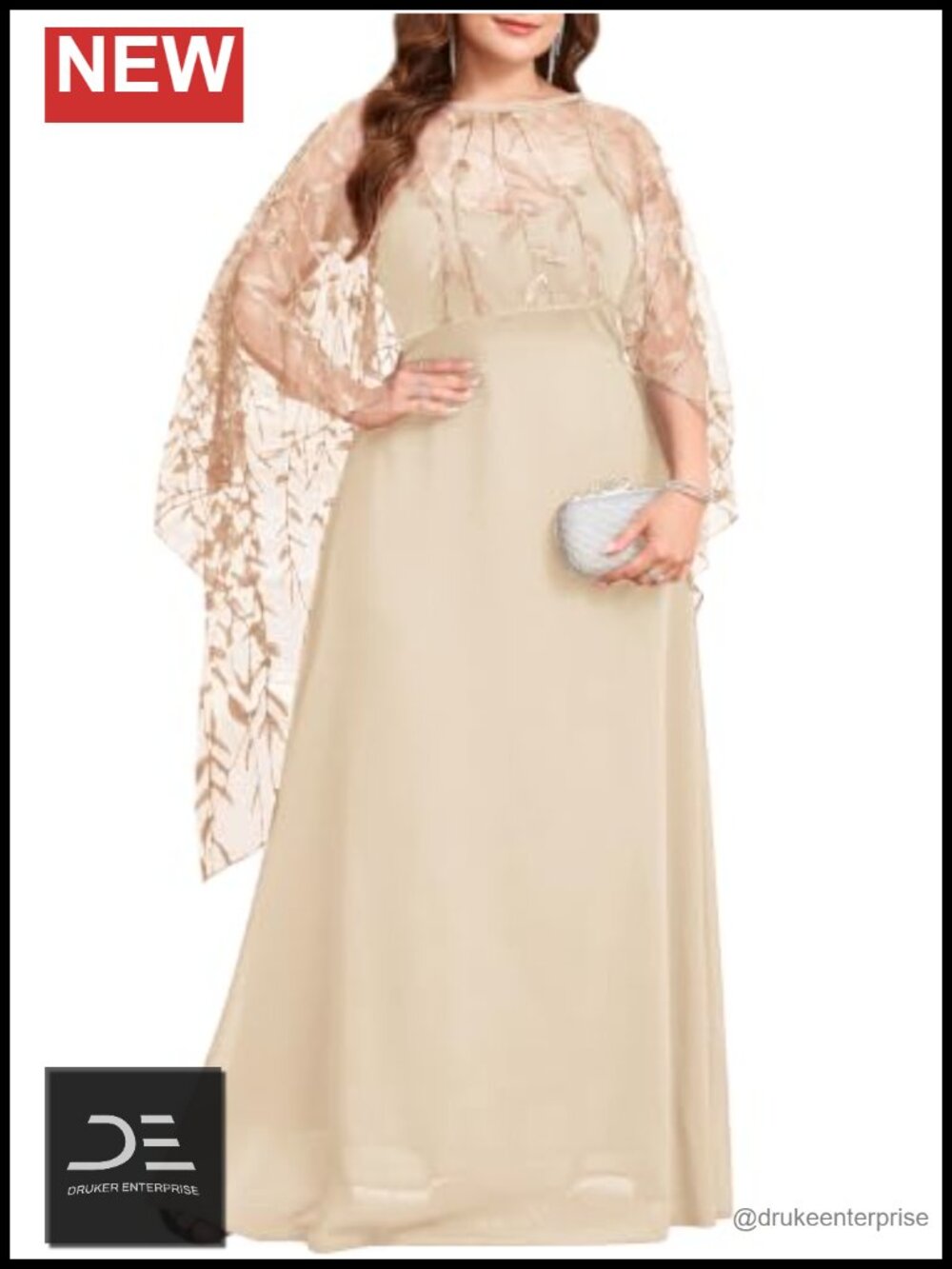 Sequin Embroidered Chiffon A-Line Maxi Dress with Cape